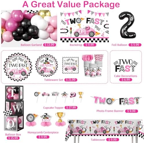 cocomigo 291pcs Two Fast Birthday Decor for 2 Year Old Girl, for 25 Guests - Image 2
