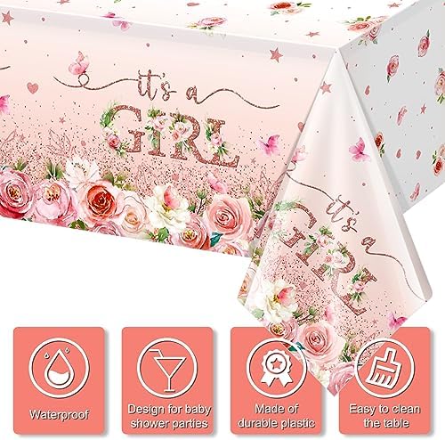 1 Pack Floral Baby Shower Tablecloth Decorations, It's a Girl Baby Shower Decorations, Pink Flower Gender Reveal Decorations for Girl, Plastic Disposable Baby Girls Table Cloth Party Decorations - Image 3