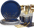 168Pcs Navy Blue Plates and Napkins Party Supplies, Blue Paper Plates Serve 24, blue and Gold Party Decorations, for Birthday, Fathers Day, Graduation, 4th of July by Gudvilla