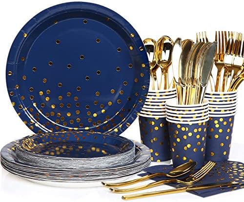 168Pcs Navy Blue Plates and Napkins Party Supplies, Blue Paper Plates Serve 24, blue and Gold Party Decorations, for Birthday, Fathers Day, Graduation, 4th of July by Gudvilla