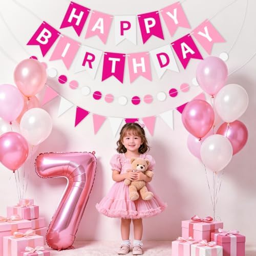 Pink White Happy Birthday Banner Hanging Sign Circle Dot Triangle Bunting - Image 4