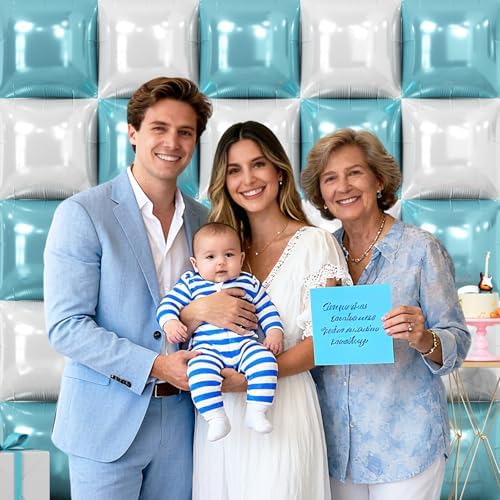 NISOCY 25PCS Pearl White and Light Blue Square Foil Balloons Wall Backdrop - Image 6