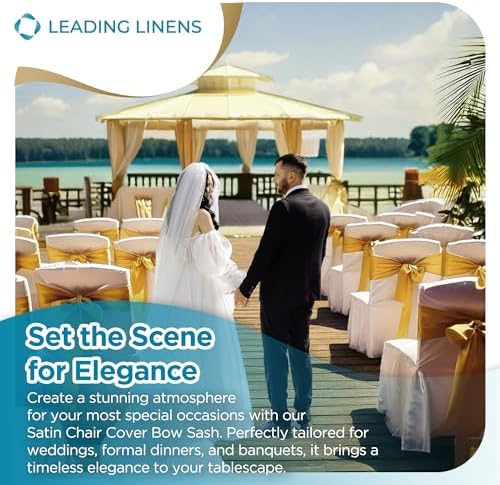Leading Linens 1 pc Gold 108"x8" Satin Bow Sash Chair Cover Decoration - Image 3