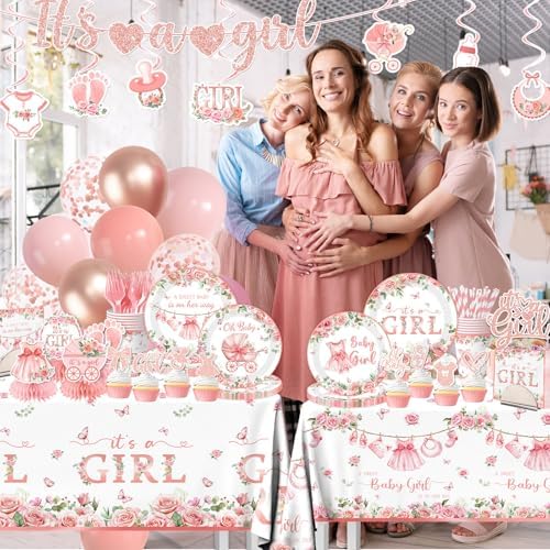 Its a Girl Baby Shower Decorations, Pink Floral Baby Shower Decorations for Girl Include Plates,Napkins,Banner,Balloons,Tablecloth,Cups,Hanging Swirl,Cake Topper,Honeycomb for Baby Girl Party Decor - Image 2