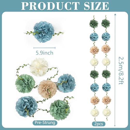 Sage Green Dusty Blue Khaki Beige Tissue Paper Flowers Pom Pom with Leaf Ribbon Hanging Garland Streamer for Birthday Wedding Shower Engagement Silly Goose Themed Party Decorations Supplies - Image 2