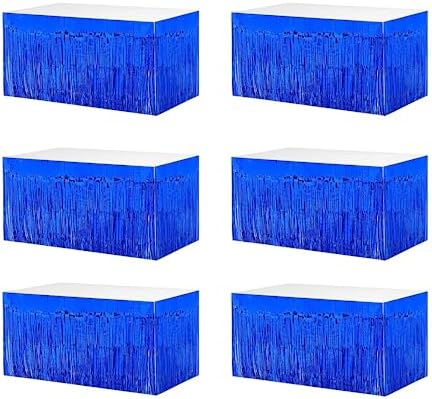 6 PCS Blue Metallic Foil Fringe Tinsel Table Skirts 9 Feet x 29.5 Inch by BEAIMUXI