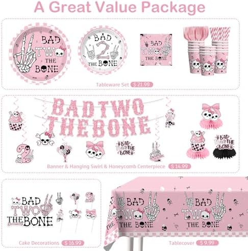Xynic Bad Two the Bone Party Decorations Girl Tableware Set, Serves 20 - Image 3