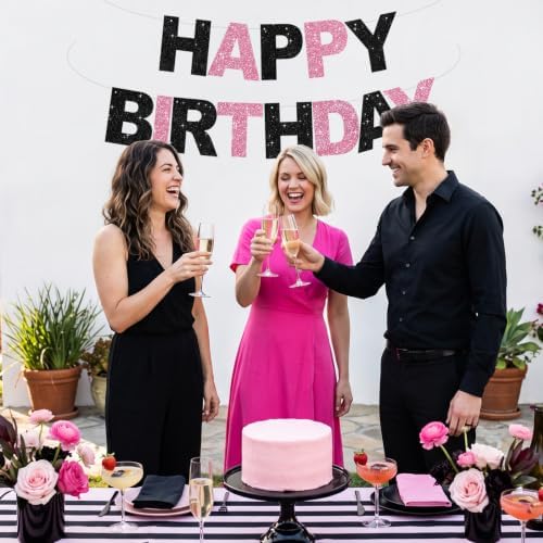 BEISHIDA Pre-Strung Black Pink Happy Birthday Banner Party Sign Decoration - Image 5