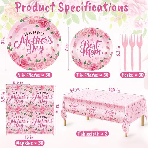122 PCS Mothers Day Plates and Napkins Set, Serves for 30 Guests Pink Mother's Day Home Decor with Flowers, Disposable Paper Plates Napkins Plastic Forks Tablecloth for Best Mom Party Supplies - Image 2