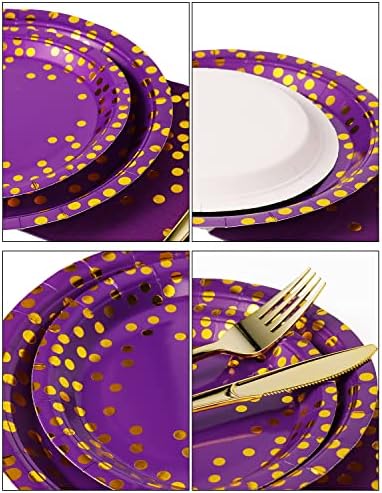 Nkaiso 141Pcs Purple Gold Paper Plates and Napkins Party Supplies for20 - Image 2