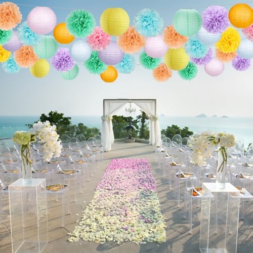 zilue Paper Lanterns and Paper Pom Poms Pastel Party Decorations 15pcs - Image 5