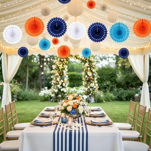 CC wonderland zone 12PCS Blue and Orange Paper Fans Party Decorations,Hanging Ceiling Honeycomb Round Tissue Paper Fans for Birthday Wedding Party Decorations - Image 4