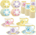 48 Sets Floral Paper Tea Cups and Saucers Disposable Tea Party Supplies Colorful Flower Teacups with Handle and Plates for Hot Cold Drink Wedding Birthday Party Baby Shower by Fairooth