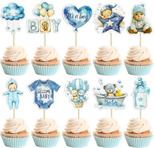 Gyufise 40Pcs Baby Boy Cupcake Toppers Baby Shower Decorations for Boys Balloon Star Moon Bear It's a Boy Cupcake Picks for Baby Shower Kids Boys Birthday Party Supplies Deep Blue by Gyufise