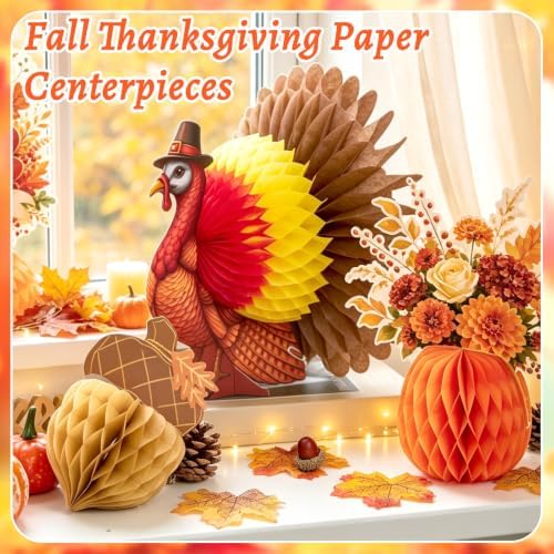 SUNBEAUTY Fall Thanksgiving Decorations, Thanksgiving Table Centerpieces, Honeycomb Turkey Centerpieces Fall Pumpkin Hanging Decor for Autumn Classroom Festival Home Office Table Decor - Image 5