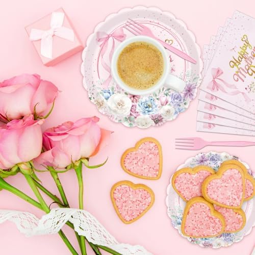 96 Pieces Mother’s Day Floral Tableware Set – Pink Scalloped Disposable Plates, Napkins and Forks for Mother’s Day Party, Brunch, Tea Party, and Spring Celebrations – Serves 24 Guests - Image 6