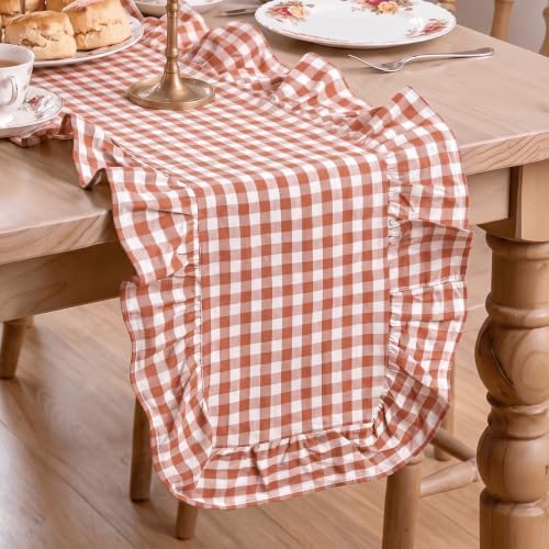Artoid Mode Caramel Farmhouse Plaid Gingham Ruffle Table Runner, Seasonal Scalloped Fall Kitchen Dining Table Decoration for Home Party Decor 13x90 Inch by ArtoidMode