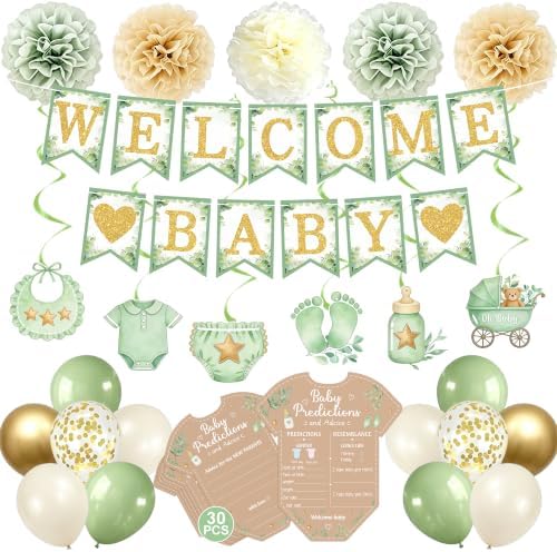 Sage Green Baby Shower Decorations Welcome Baby Banner Game Cards Kit by Jorvian
