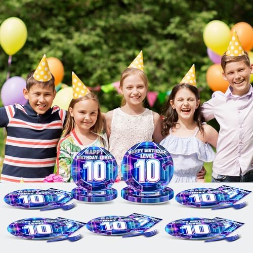 96Pcs 10th Birthday Video Game Plates and Napkins Gamer 10 Years Old Party Decorations Purple and Blue Level 10 Dessert Plates 10th Birthday Tableware for 24 Guests Boys Kids Gaming Party Supplies - Image 6