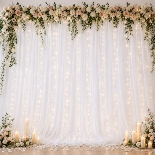 Ledido 10×8ft White Tulle Backdrop Curtains with Lights(2 Panels 5×8ft) by Ledido