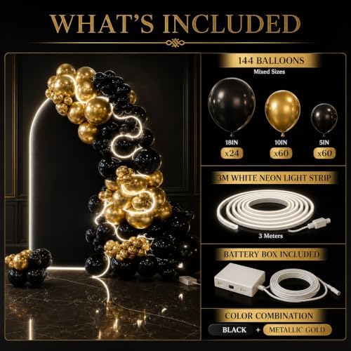 144 Pcs Large Black and Gold Balloons with 9.8ft Light Strip - Image 2