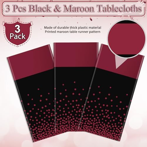 3Pcs Black and Maroon Tablecloth Party Decorations,Plastic Black Table Cloth Printed Maroon Table Runner Disposable Rectangle Table Cover for Birthday Wedding Graduation Anniversary Party,54x108Inch - Image 4