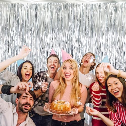 GOER 3.2 ft x 8.2 ft Metallic Tinsel Foil Fringe Curtains,Party Streamer Backdrop for Birthday,Graduation Decorations and New Year Eve (Silver,2 Packs) - Image 5