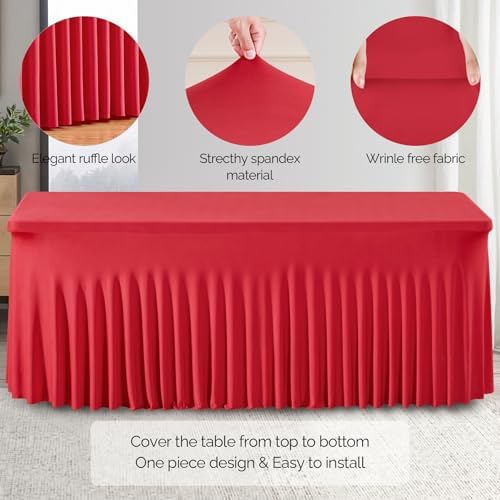 Wish Care 2 Pack Red Spandex Table Clothes for 8 Foot Rectangle Tables, 8FT Wrinkle Free Fitted Tablecloths Ruffles Design Stretch Table Cover for Party, Banquet, Wedding and Events - Image 2