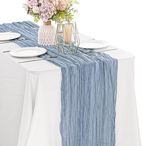 Dusty Blue 10FT Cheesecloth Table Runner Boho Gauze Fabric Table Runner Rustic Sheer Runner for Wedding Bridal Baby Shower Birthday Party Boho Table Decor（1 Pack Dusty Blue） by JALANCY