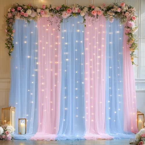 10x10ft Baby Pink Blue Tulle Backdrop Curtain with Lights String for Parites, Sheer Photo Backdrop Drapes with Lights for Wedding Backdrop Ceremony Reception Bridal Shower Baby Shower Birthday Party - Image 7