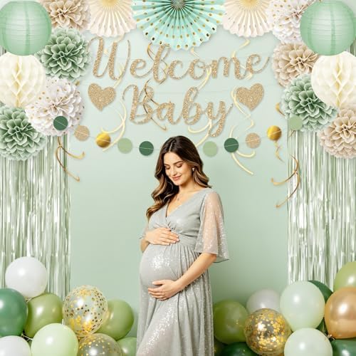 Sage Green Baby Shower Decorations with Banner Fringe Curtains - Image 4