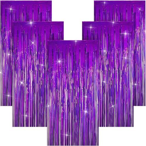 5 Pack 3.28ft x 6.56ft Glitter Purple Tinsel Foil Fringe Curtains, Photo Booth Backdrop Party Decorations for Birthday Wedding Baby Shower Graduation Bachelorette New Years by Unknown