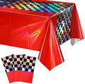 3Pack Iridescent Race Car Plastic Tablecloth, Disposable Shiny Laser Red and Black Checkered Table Cloth, Holographic Foil Rectangle Tablecloth for Race Car Boys Birthday Party Decorations, 54x108Inch by EnjoyYourFunnyParties