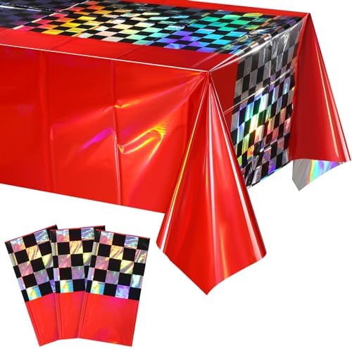 3Pack Iridescent Race Car Plastic Tablecloth, Disposable Shiny Laser Red and Black Checkered Table Cloth, Holographic Foil Rectangle Tablecloth for Race Car Boys Birthday Party Decorations, 54x108Inch by EnjoyYourFunnyParties