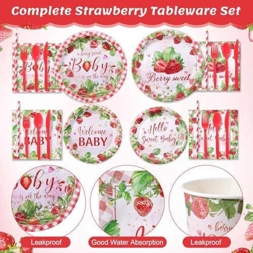 450 Pcs Strawberry Baby Shower Tableware Set, Serve 50, Red and Pink - Image 3