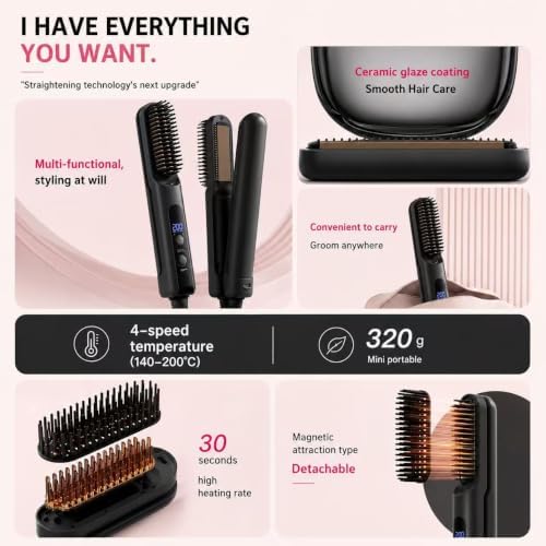 2-in-1 Straightening Brush and Flat Iron (Black) - Image 6
