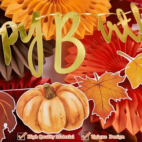 SUNBEAUTY Fall Party Decorations Orange Birthday Decorations Hanging Paper Fan Pumpkins Paper Pom poms Maple Leaves Happy Birthday Banner for Thanksgiving Autumn Harvest Classroom Office Party - Image 4