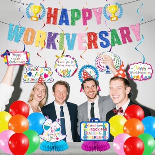 Work Anniversary Decorations: Happy Anniversary Banner Happy Anniversary Decorations with Hanging Swirls Honeycomb Centerpieces Balloons Office Employee Worker Appreciation Decor - Image 4