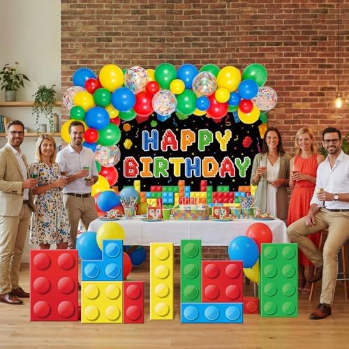 124 Pcs Building Blocks Birthday Party Decorations Set Brick Stand up Cardboard Cutouts Birthday Themed Backdrop Balloons Garland Arch Kit for Building Block Themed Celebration Supplies - Image 5
