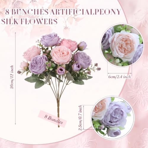 Geosar 36 Bundles Artificial Peonies Flowers,Dusty Pink, Light Pink, Purple - Image 2