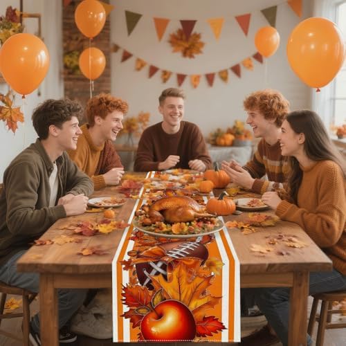 Fall Thanksgiving Table Runner 13x72 Inch - Buffalo Plaid & Pumpkin Bow Print, Stylish Autumn Home Kitchen Party Decoration by YOPINCO