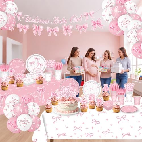 200Pcs Pink Bow Baby Shower Decorations Party Supplies for Girls, Serves 24 - Image 2