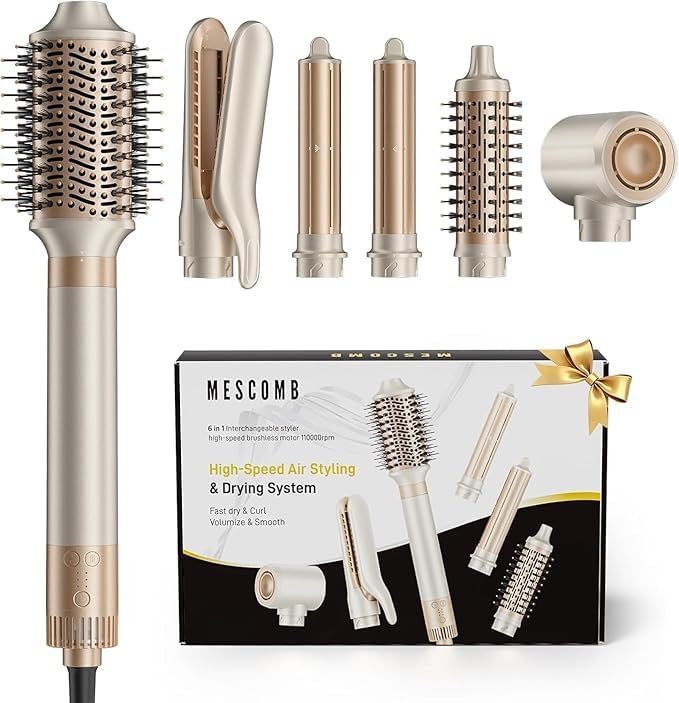 MESCOMB 6 in 1 Hair Dryer and Straightener, Hot Air Styler Wrap - Fast Drying, 1500W Air Dryer with Straightener, Frizz-Free Blowout Brush for Smoothing & Curling, Volumizing(Champagne) by MESCOMB