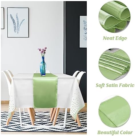 16Pack Plastic Tablecloths and Satin Table Runner Set Disposable White and Sage Green Dot Table Cloth Green Satin Table Runner for Wedding Birthday Baby Shower Anniversary Holiday Party Decorations - Image 3