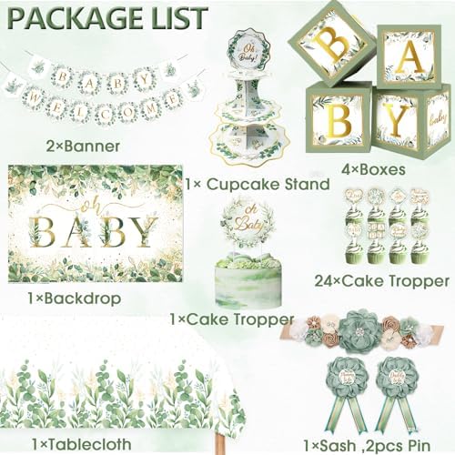 OUNIY Sage Green 172pcs Gender Neutral Baby Shower Decorations - Boho Greenery Party Supplies with Oh Baby Backdrop, Tablecloth, Balloons, BABY Box, Welcome Banner - Image 3