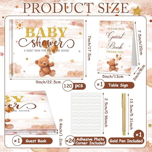 Fuyoooo 27 Pcs Brown Bear Baby Shower Guest Book Gold Pen Photo Corners - Image 4