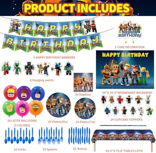 Birthday Party Decorations - Theme Children's Party Supplies Included Happy Birthday Banner, Backdrop, Hanging Swirls, Tablecloth, Cupcake Cake Toppers, Plates, Tableware, Napkins, Balloons - Image 2