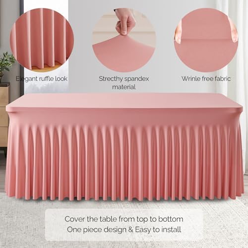 Wish Care 6 Pack Dusty Rose Spandex Table Clothes for 8 Foot Rectangle Tables, 8FT Wrinkle Free Fitted Tablecloths Ruffles Design Table Cloth for Party, Banquet, Wedding and Events - Image 6