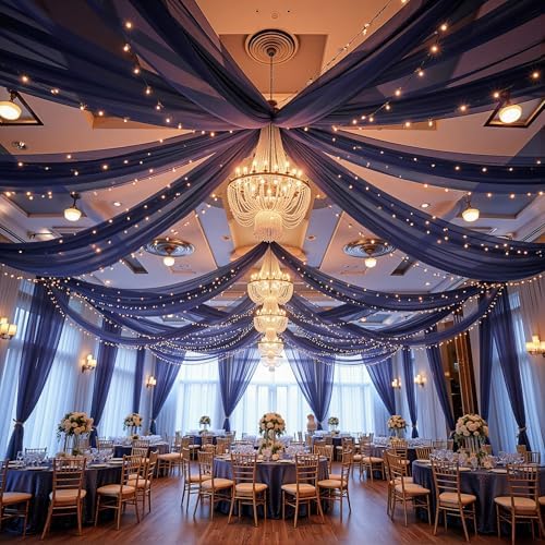 Navy Blue Ceiling Drapes with Lights String for Weddings, 6 Panels 5ftx20ft Sheer Tulle Backdrop Photo Background Drapes for Wedding Ceremony Birthday Party Arch Decoration by WishCare