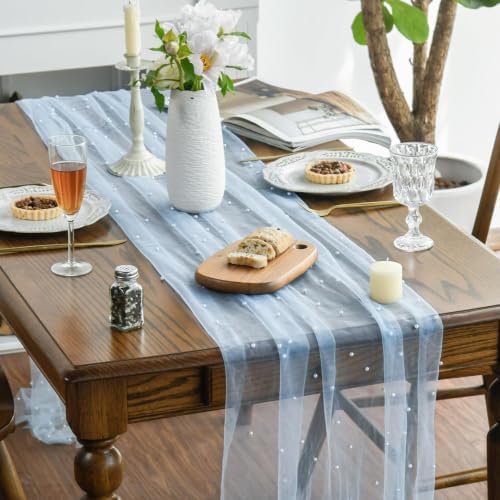 Artoid Mode Pearl Blue Gauze Table Runner 59x120 Inch , Seasonal Sheer Kitchen Dining Holiday Wedding Birthday Baby Shower Table Decor for Home Party - Image 2